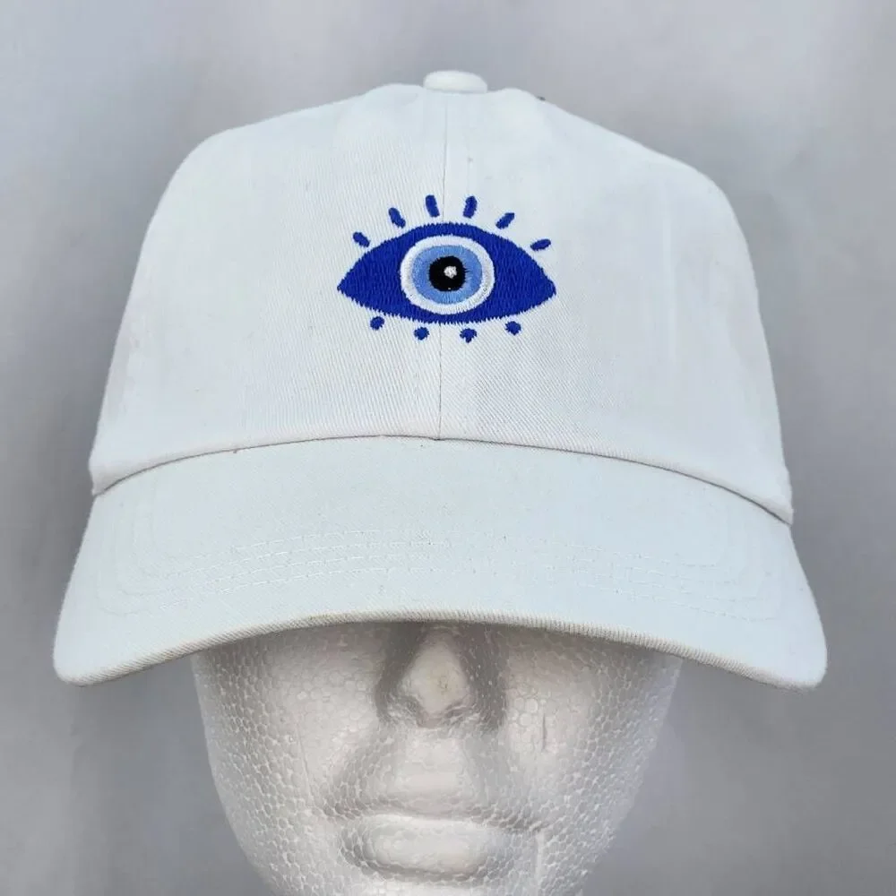 🔹️NWT David & Young White w/Blue Embroidered Evil Eye Hat One Size